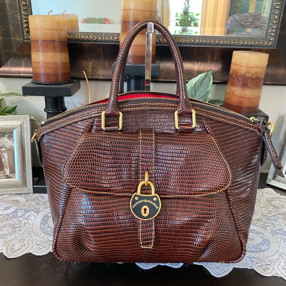 Dooney & Bourke Dark Brown Lizard-Embossed Satchel with Gold Hardware